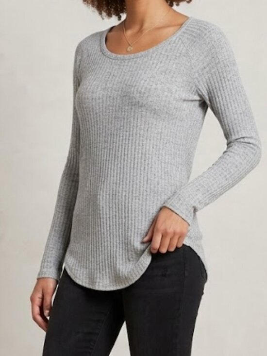 Chaser Tops - Chaser Gray Ribbed Long Sleeve Top Size S Scoop Neck Casual Basic Tee